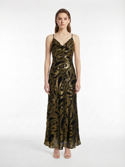 Black & Gold Paisley Jacquard Silk Cowl Neck Slip Maxi Dress （long version)