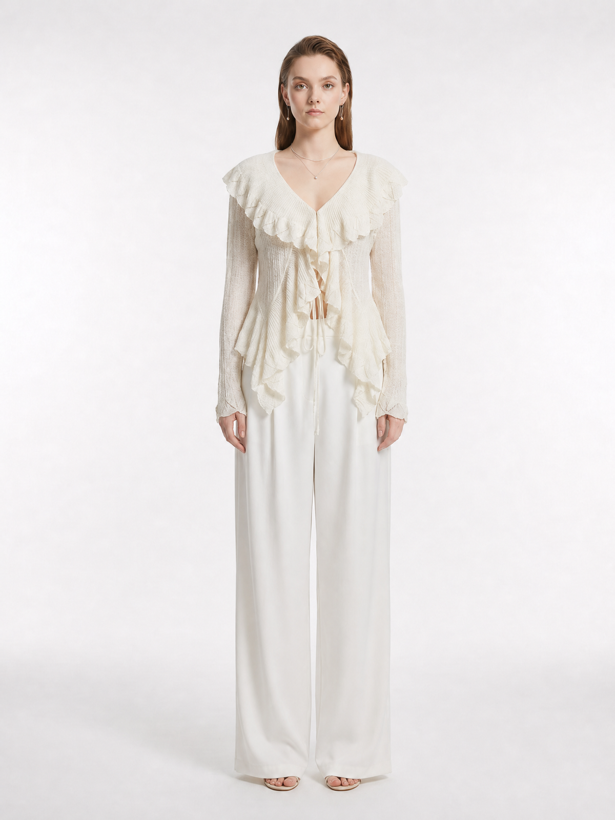 V-Neck Double Layer Ruffle Trim Front Tie Drawstring Fitted Sheer Textured Knit Long Sleeve Crop Top
