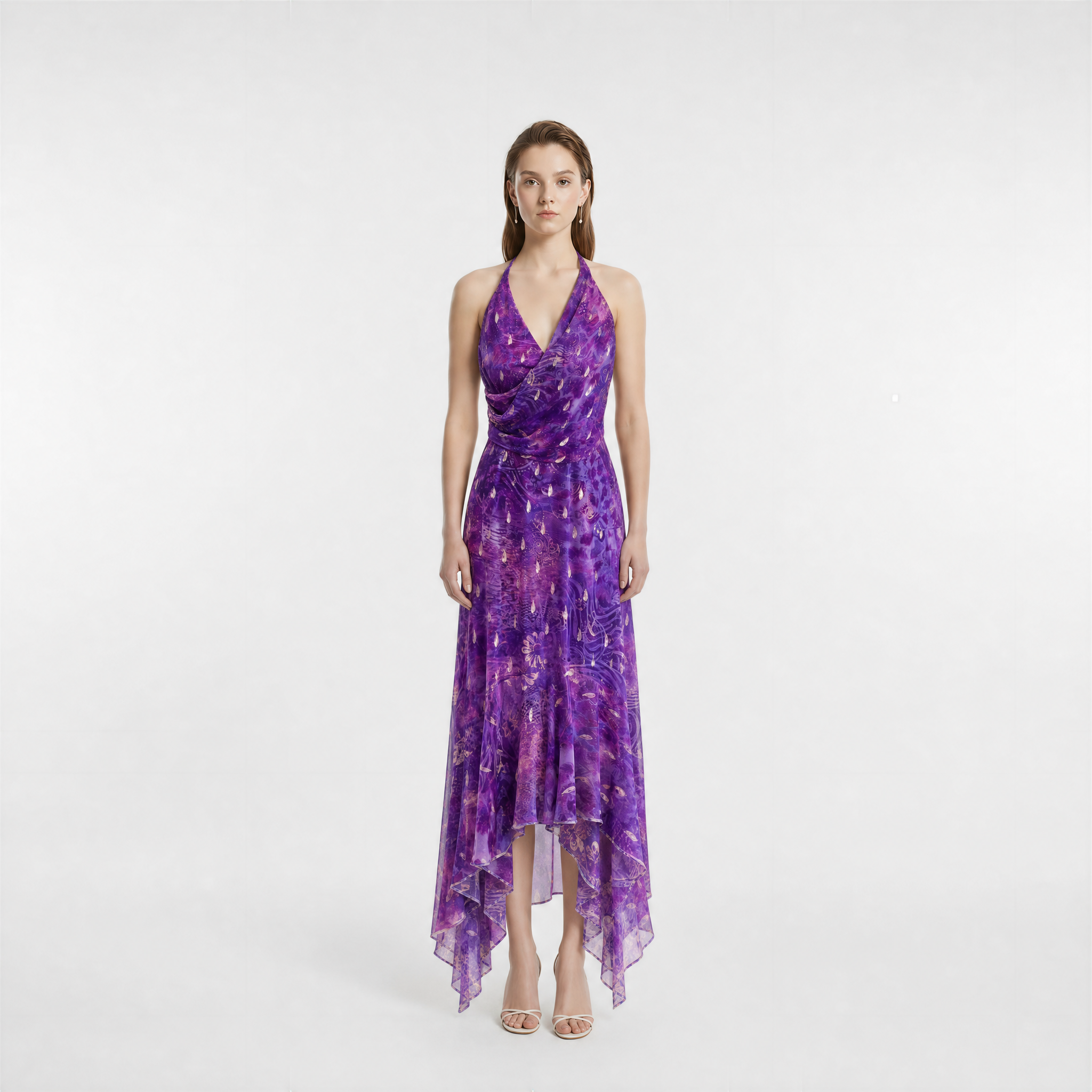 Peacock Print Silk Halter Midi Dress with Asymmetric Hem