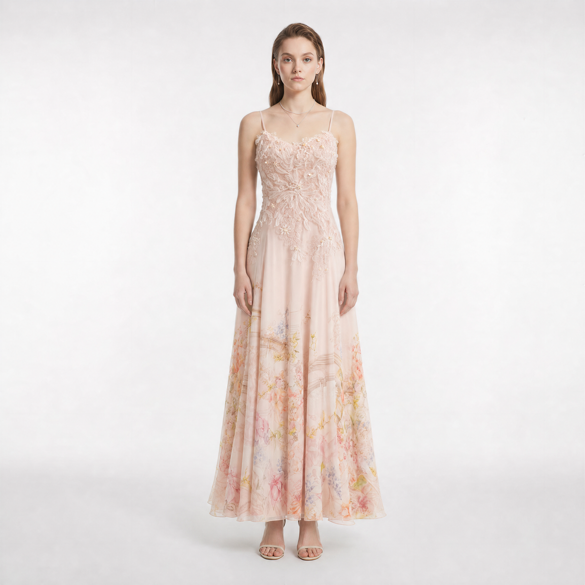 100% mulberry silk Blush Pink Floral Print Maxi Slip Dress with handmade 3D Appliqué Bodice and Full Skirt