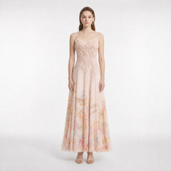 100% mulberry silk Blush Pink Floral Print Maxi Slip Dress with handmade 3D Appliqué Bodice and Full Skirt
