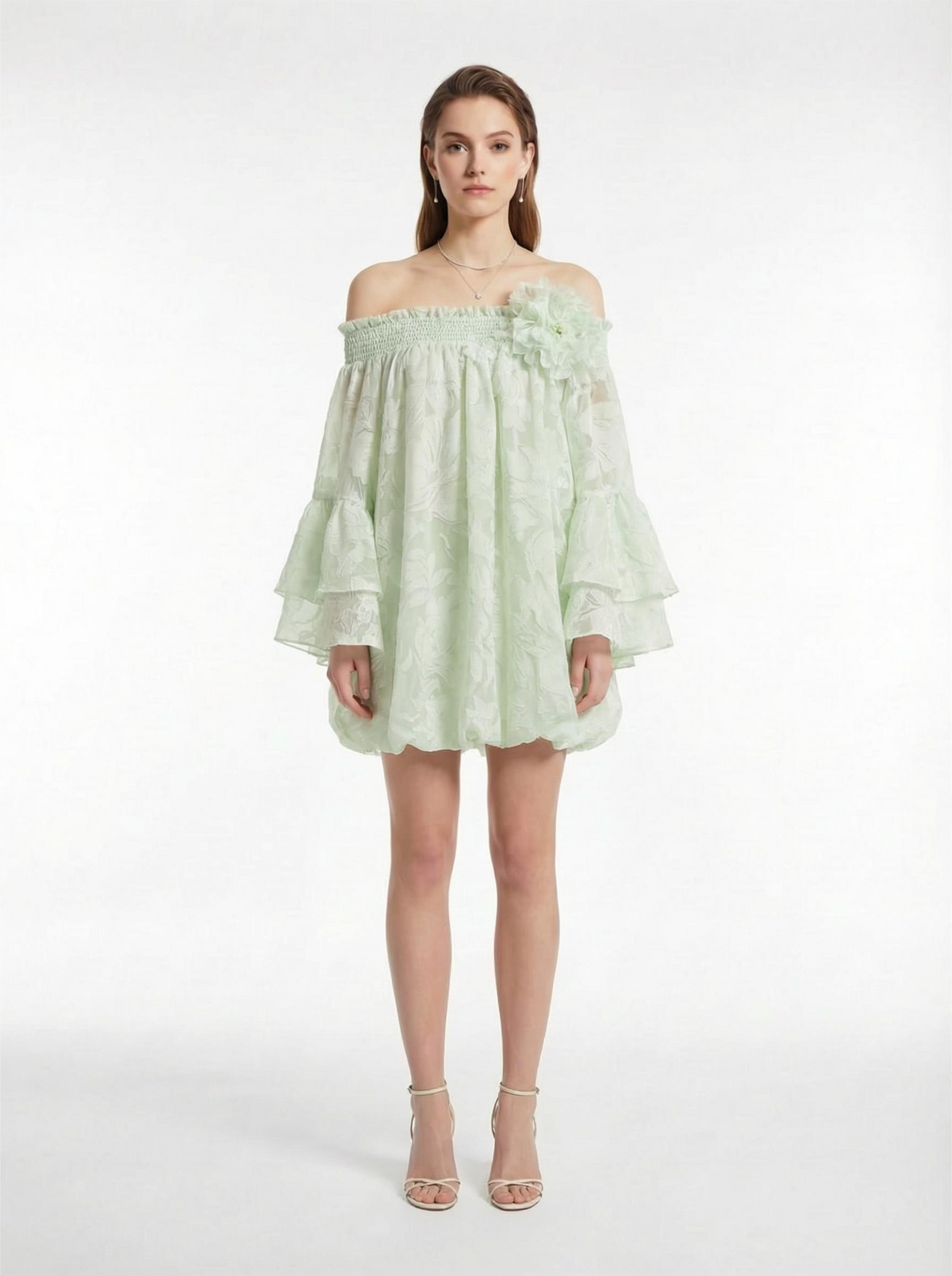 Mint Green Off-Shoulder Voluminous Babydoll Dress with Floral Appliqué