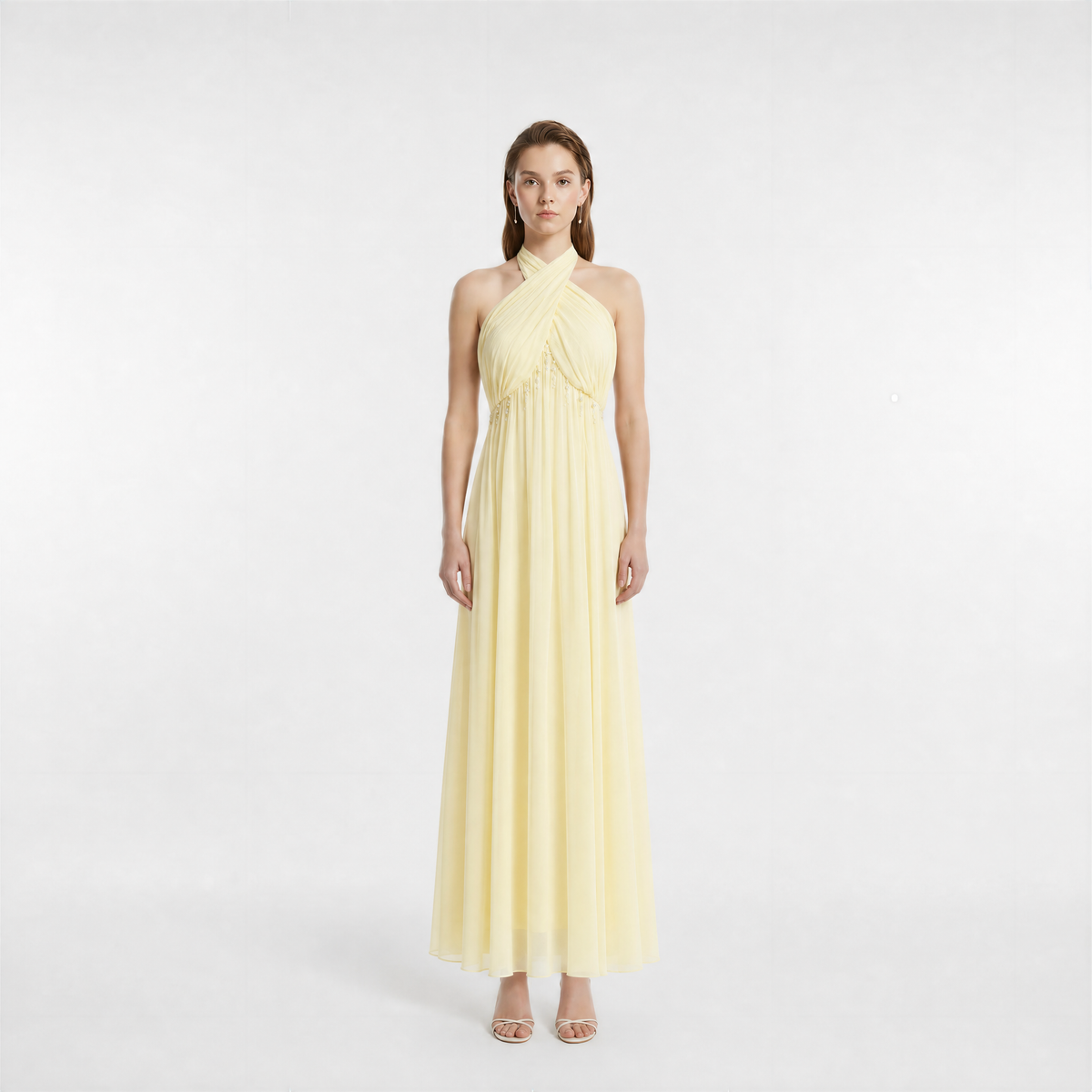 Pale Yellow Cross Halter Neck Maxi Dress with Beaded Waist Detail