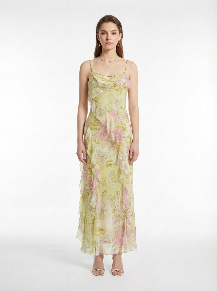 Yellow-Pink Floral Print 100% Mulberry Silk  Cami Maxi Dress with Cowl Neck and Ruffle Asymmetric Hem