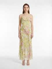 Yellow-Pink Floral Print 100% Mulberry Silk  Cami Maxi Dress with Cowl Neck and Ruffle Asymmetric Hem